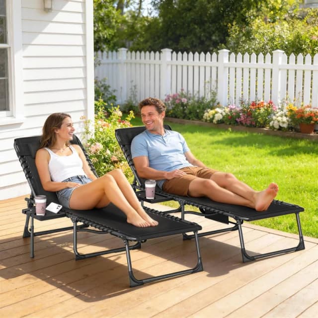 OUTSUNNY Folding Sun Loungers with 5-Level Back, Cup Holder in Black Size: 190cm x 60cm Black Unisex 190cm x 60 cm