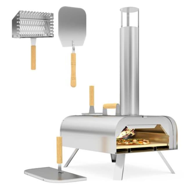 Outsunny Portable Wood Pellet Pizza Oven with Foldable Legs 12" Stone, Silver 846-198V00SR