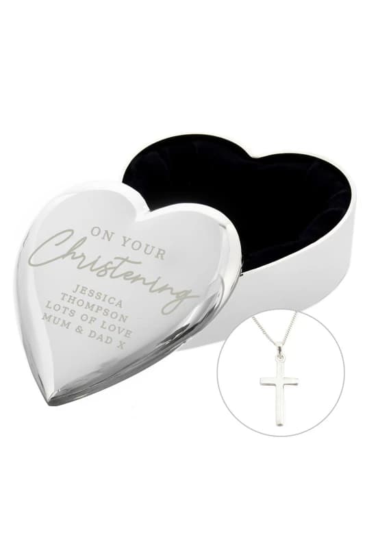 Personalised Memento Company Womens Personalised Christening Heart Trinket Box & Cross Necklace Set in Metallic Silver Metallic Silver Female One Siz