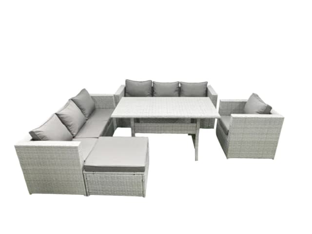 Fimous 5 Pieces Outdoor Rattan Sofa Set with Cushions Patio Garden Furniture Sets with Armchair Dining Table Big Footstool Light Grey