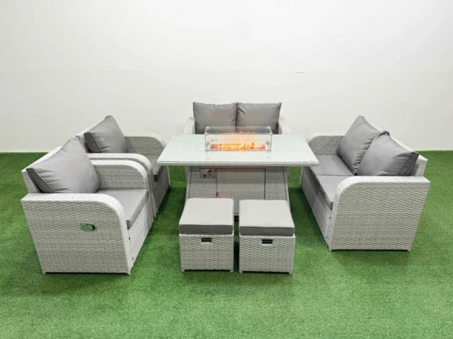 Fimous 8 Seater Outdoor Reclining Chair Love Sofa Set Rattan Garden Furniture Set with Firepit Dining Table 2 Stools Light Grey Light Grey