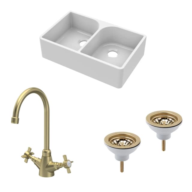 Balterley Fireclay 2 Bowl Full Weir Butler Sink Wastes Tap Brushed Brass 795mm White unisex