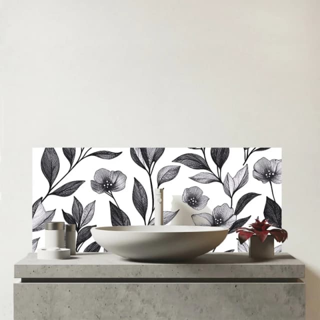 Warren Reed - Designer Hand Drawn Leaves & Flowers Glass Bathroom Splashback in Grey Grey Unisex