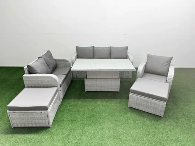 Fimous Patio PE Wicker 8 Seater Outdoor Rattan Furniture Sofa Sets with Adjustable Lifting Dining or Coffee Table2 Big Footstools Light Grey