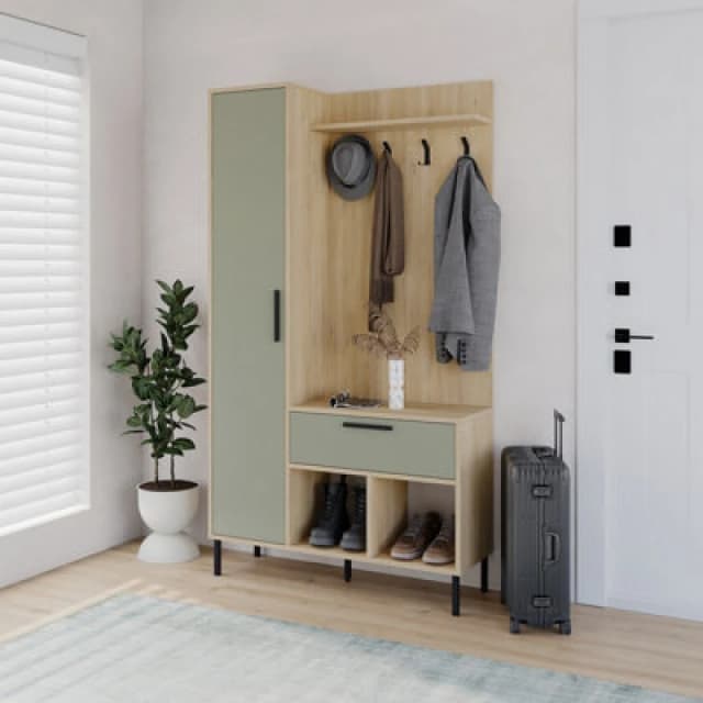 Decortie Hall Tree 108X195.3Cm 1-Drawer And 1-Door Storage Cabinet, 4 Metal Coat Hooks Sturdy Metal Legs, Hallway Oak, Ash Green