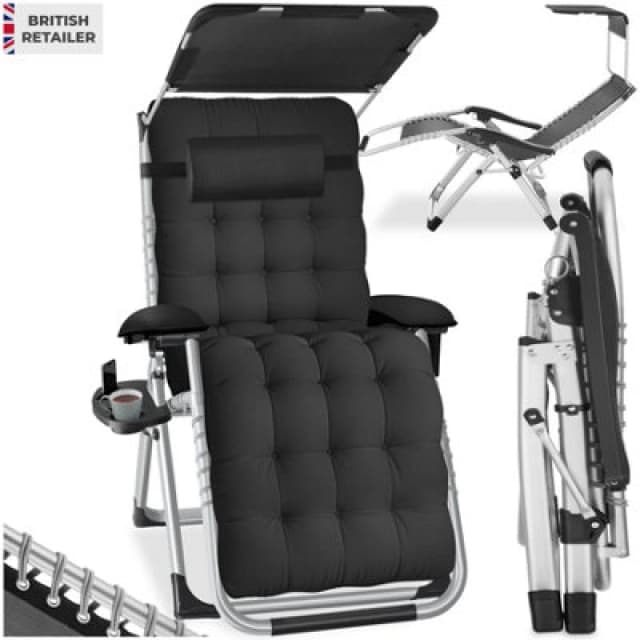 Tectake Sun Lounger Cirrus With Plush Padding, Built-In Sun Shade And Folding Function - Black - Per Piece