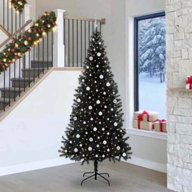 vidaXL Christmas Tree with 300 LEDs, White Balls with Stand Black 240cm PVC, Black 3396499