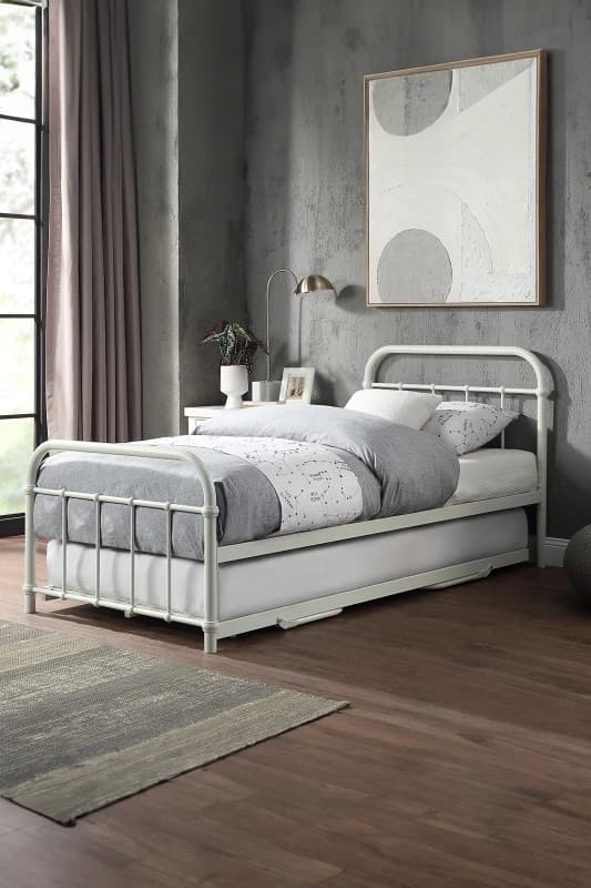 SlumberWorx Tewin Vintage Hospital Style Single Metal Bed Frame w Guest Trundle White