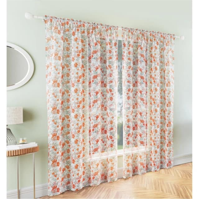Tyrone Textiles Mia Floral Print Sheer Voile Panels - Pair Curtain Voiles / Nets / Lining 140x229cm Orange 70520612004