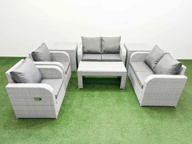 Fimous 6 Seater Outdoor Reclining Chair Love Sofa Set Rattan Garden Furniture Set with Oblong Coffee Table 2 Side Tables Light Grey Light Grey