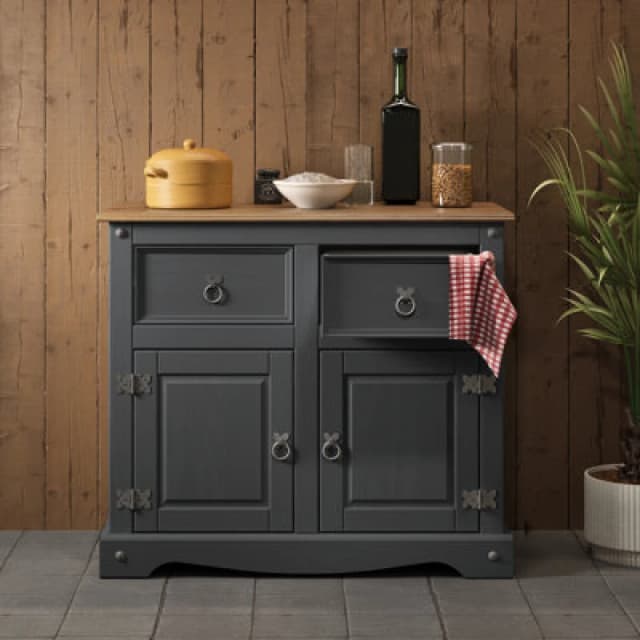 Mercers Furniture Corona Charcoal 2 Door 2 Drawer Sideboard Solid Pine With Mexican Styling, Grey CHARC90