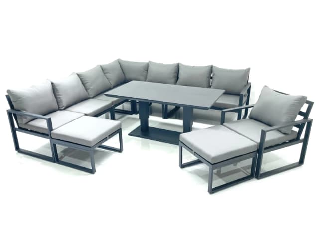 Fimous 10 Seater Outdoor Aluminum Garden Furniture Set Corner Sofa Chair 2 Big Footstools Adjustable Rising Lifting Dining Table Sets Dark Grey Dark G