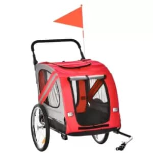 Pawhut 2-in-1 Dog Bike Trailer Stroller With Universal Wheel Reflector Flag Red