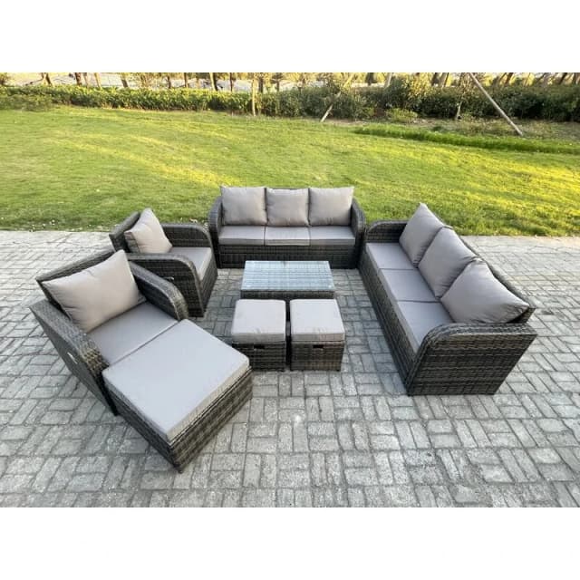 Fimous Rattan Outdoor Garden Furniture Sofa Set Patio Table & Chairs Set with Reclining Chair 3 Footstools 3 Seater Sofa Dark Grey Mixed Dark Grey
