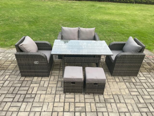 Fimous Rattan Garden Furniture 6 Piece Grey Patio Furniture Set Patio Conservatory 6 Seater Set Outdoor Rectangular Table & Chairs in Dark Grey Dark G