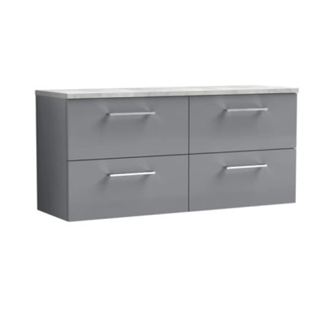Nuie Arno Wall Hung 4-Drawer Vanity Unit & Laminate Worktop In Bellato Grey, Modern Counter Top Vanity Unit In Satin Grey
