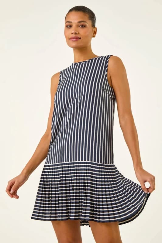 Roman Womens Stripe Print Pleated A-Line Dress in Navy Size: 20 Navy Female 20