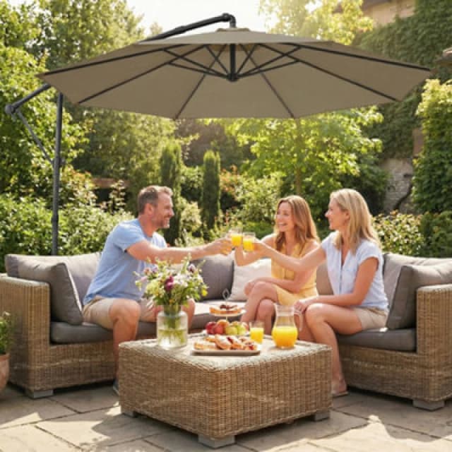 OUTSUNNY 3m Garden Cantilever Parasol with Cover, Rotation in Khaki Size: 3m x 3m Khaki Unisex 3m x 3m