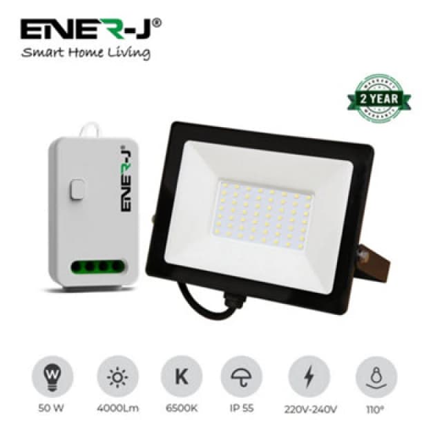 Ener-J 50W LED Floodlight Pre Wired With 500W Rf Receiver + 1 Gang Wireless Kinetic Switch (White Body)