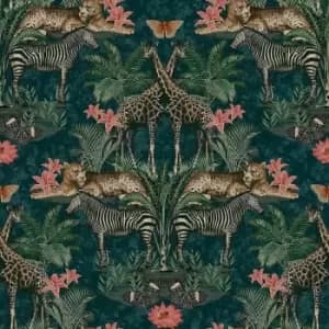 Life Animal Kingdom Zebra Giraffes Leopards Jungle Green Pink Wallpaper - Grandeco