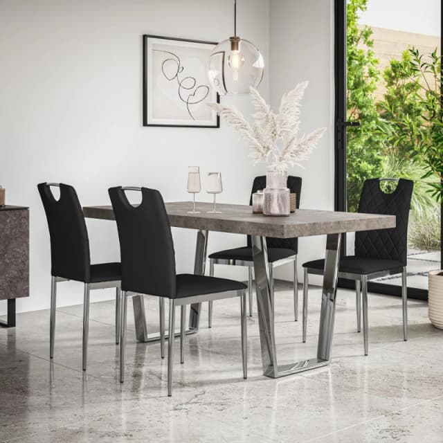 More4Homes Aria Dining Table And Chairs - Concrete Effect Table Top W Chrome Legs + 4 Monza Faux Leather Dining Chairs W Chrome Legs (Black)