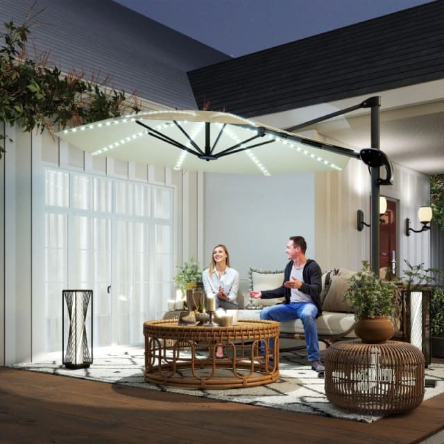 Outsunny 3(m) Garden Parasol w/ Lights - Crank Handle & Cross Base - Cream TJ Hughes 5063603277809