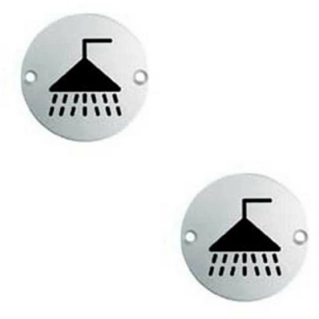 Loops 2x Bathroom Door Shower Symbol Sign 64mm Fixing Centres 76mm Dia Satin Steel Metallics