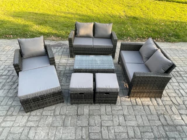 Fimous Rattan Garden Furniture Set 8 Seater Patio Outdoor Lounge Sofa Chair Set with Rectangular Coffee Table 3 Footstools in Dark Grey Dark Grey Unis