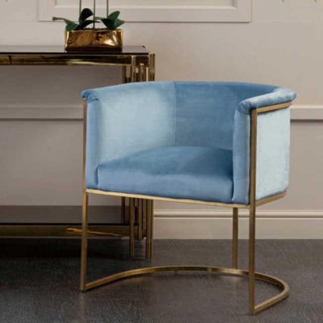 Orsina Blue Velvet Dining Chair With Arms, Matte Gold Base Armchair For Dinner, Dining Room, Home And Office