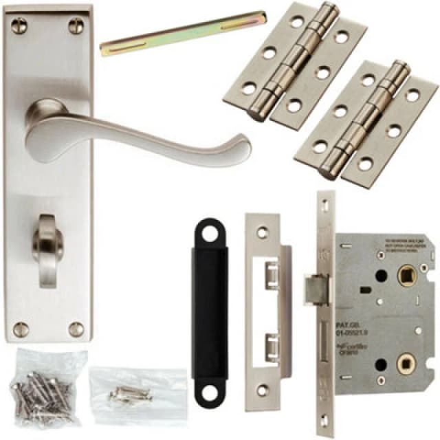 Loops Door Handle & Bathroom Lock Pack Satin Chrome Victorian Scroll Lever Backplate Multi