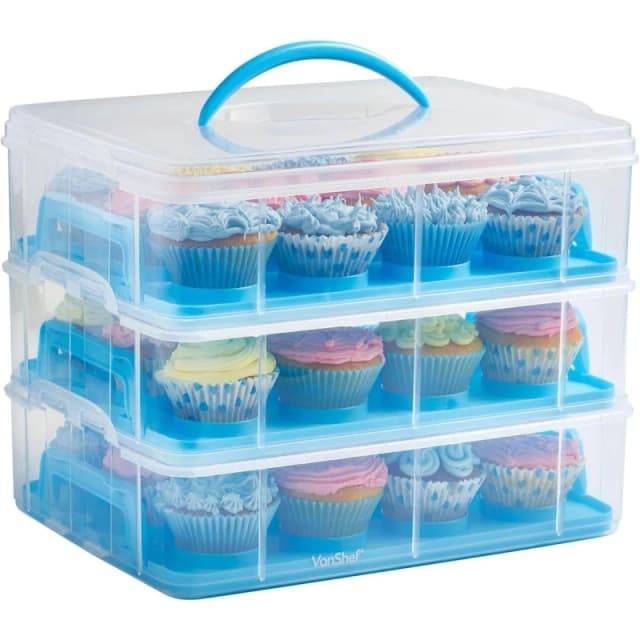 VonShef Three Tier with Handles Muffin Cupcake Carrier Blue