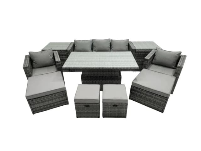 Fimous Rattan Lounge Sofa Rising Dining Table Set & 2 Side Tables 4 Footstool in Dark Grey Dark Grey Unisex