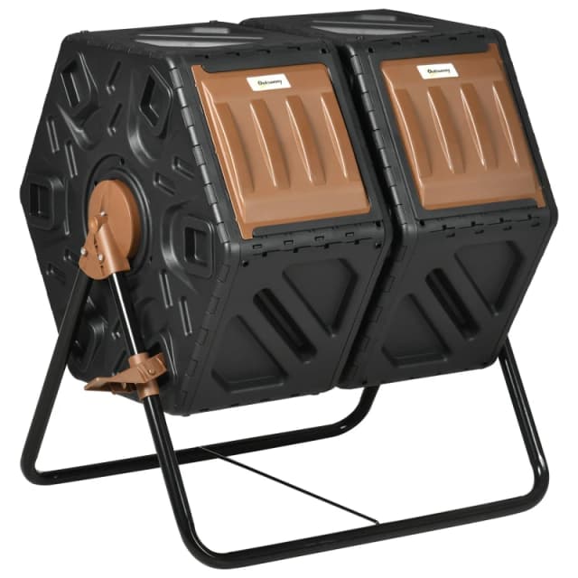 Outsunny 130L Compost Bin Dual Chamber Rotating Composter w/ Ventilation Holes, Brown 845-916V00BK