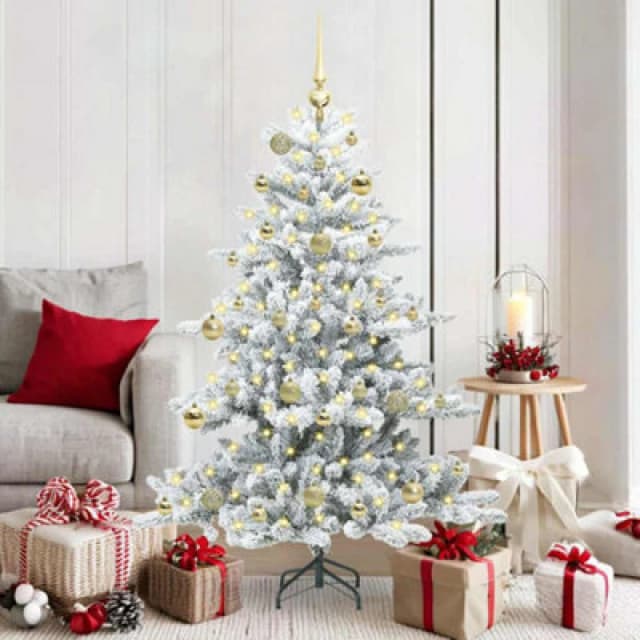 vidaXL Artificial Hinged Christmas Tree with 150 LEDs, Gold Balls Snow Flocked 150cm PVC, Green 3397709