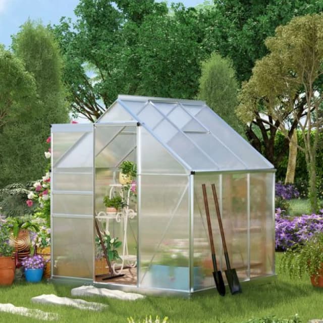 Outsunny Polycarbonate Walk-in Garden Greenhouse w/ Sliding Door Silver Tone Silver