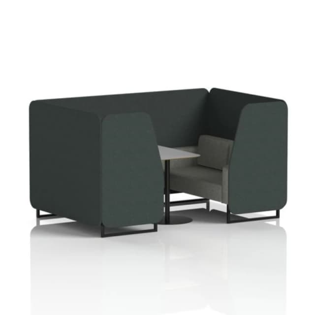 Brixworth 4 Seater Office Booth with Front Panel - Black Legs and Grey Table with Black Leg in Rivet Fabric - Charcoal Panels and Vitreous Sofa