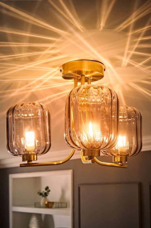 ValueLights Amelie 3 Way Ribbed Glass Gold Ceiling Pendant Light with LED Bulbs Gold