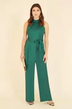 Green Satin Halterneck Jumpsuit With Pockets