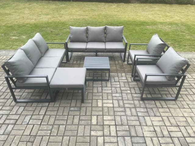 Fimous Aluminium Patio Outdoor Garden Furniture Lounge Sofa Set with Square Coffee Table 2 Chairs Big Footstool Dark Grey Dark Grey Unisex
