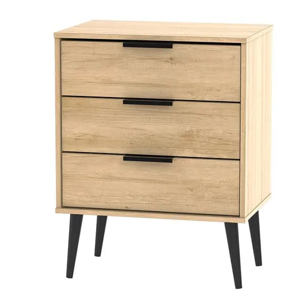 Welcome Furniture Ready Assembled Hirato 3 Drawer Sof Oak Midi Chest With Black Wooden Legs HKB023NBNB