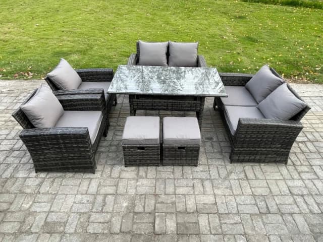 Fimous Rattan Garden Furniture Set Patio Outdoor Lounge Sofa Set with Oblong Dining Table Double Seat Sofa 2 Small Footstools in Dark Grey Dark Grey U