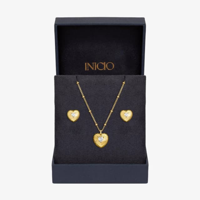 Inicio Gold Plated and CZ Ridged Heart Set - Gift Box Jewellery Sets One Size Gold 73383410000