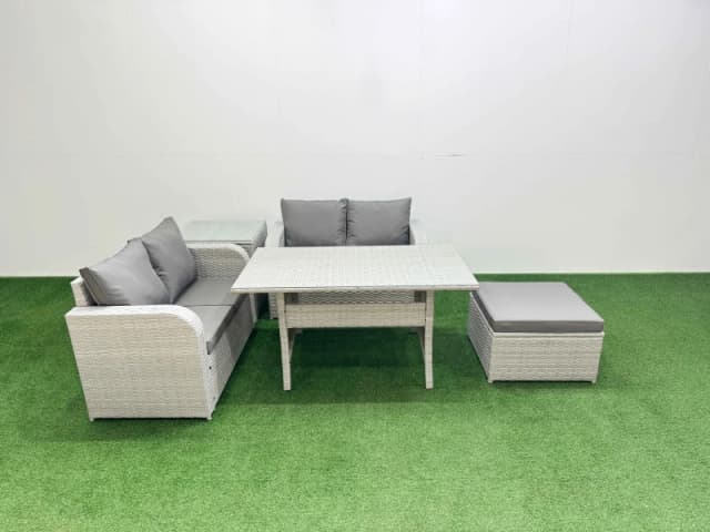 Fimous 5 Seater Outdoor Love Sofa Set Rattan Garden Furniture Set with Rectangular Dining Table Big Footstool Side Table Light Grey Light Grey