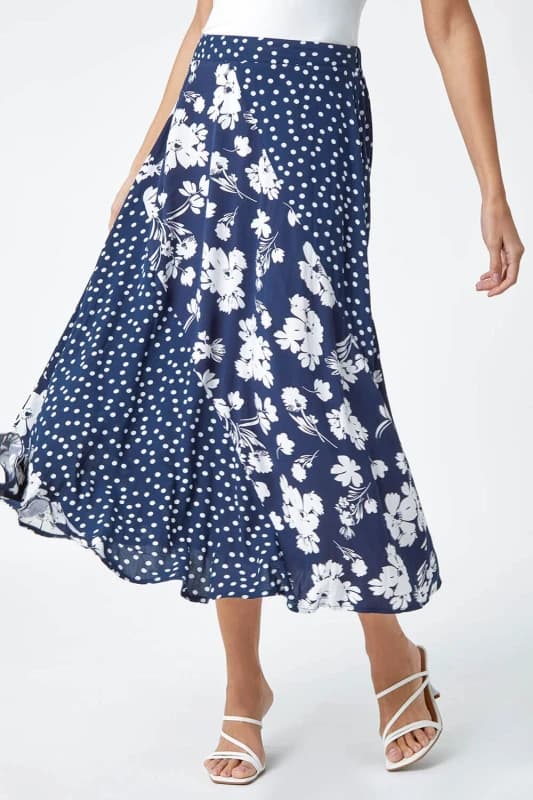Roman Womens Mixed Floral Spot Print A Line Midi Skirt in Blue Size: 20 Blue Female 20