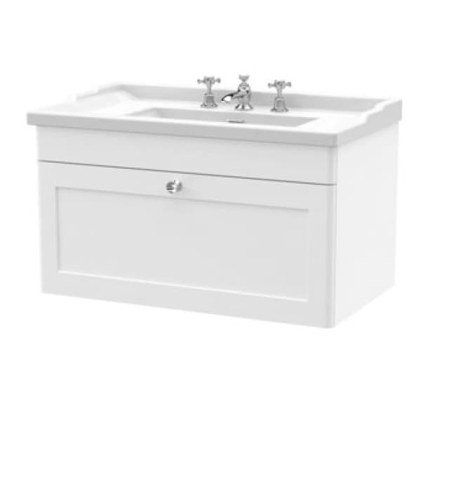 NUIE Classique Wall Hung 1-Drawer Vanity Unit with Traditional Basin 800mm Wide Satin White - 3 Tap Hole - Nuie CLC196G