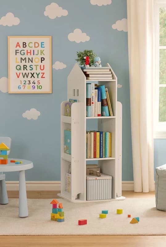 Neo White House Shaped 360° Rotating Kid's Children's Freestanding Bookshelf White Unisex