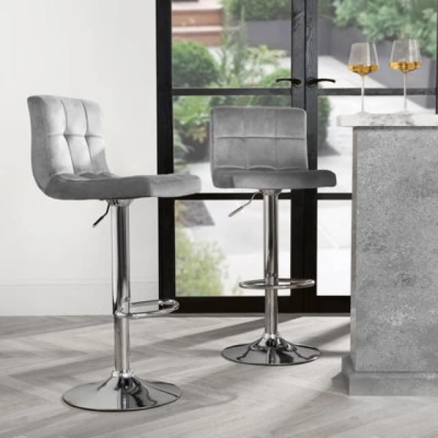 OHS OHS Adjustable Bar Stools x 2 Velvet Swivel Pub Seat Kitchen Breakfast Counter Chair in Light Grey Light Grey One Size Unisex 5027434198573