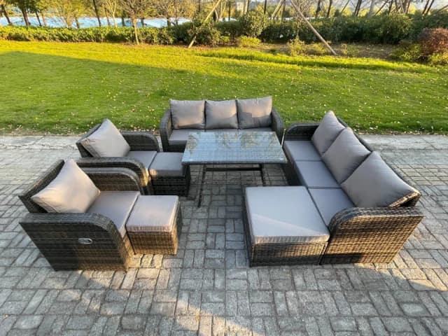 Fimous 11 Seater Rattan Outdoor Garden Furniture Sofa Set Patio Table & Chairs Set with 3 Seater Sofa Rectangular Dining Table Footstool Dark Grey