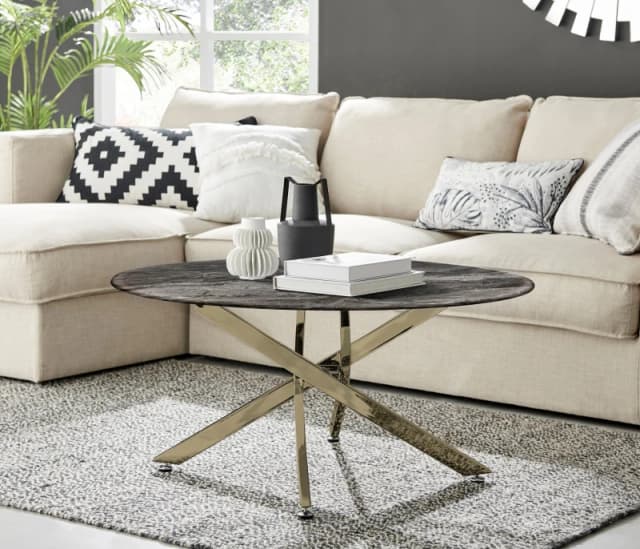 FurnitureboxUK FurnitureboxUK Novara Round Marble Effect Glass Top Coffee Table With Gold Metal Starburst Legs in Grey Grey One Size Unisex 5056542693