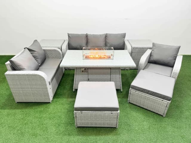 Fimous Patio PE Wicker 8 Seater Outdoor Rattan Furniture Sofa Sets with Firepit Dining Table Loveseat Sofa 2 Big Footstools 2 Side Table